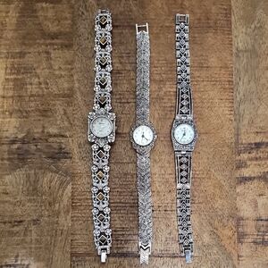 Bundle of 3 Silver-Tone Marcasite Bracelet Watches - Women Accessories